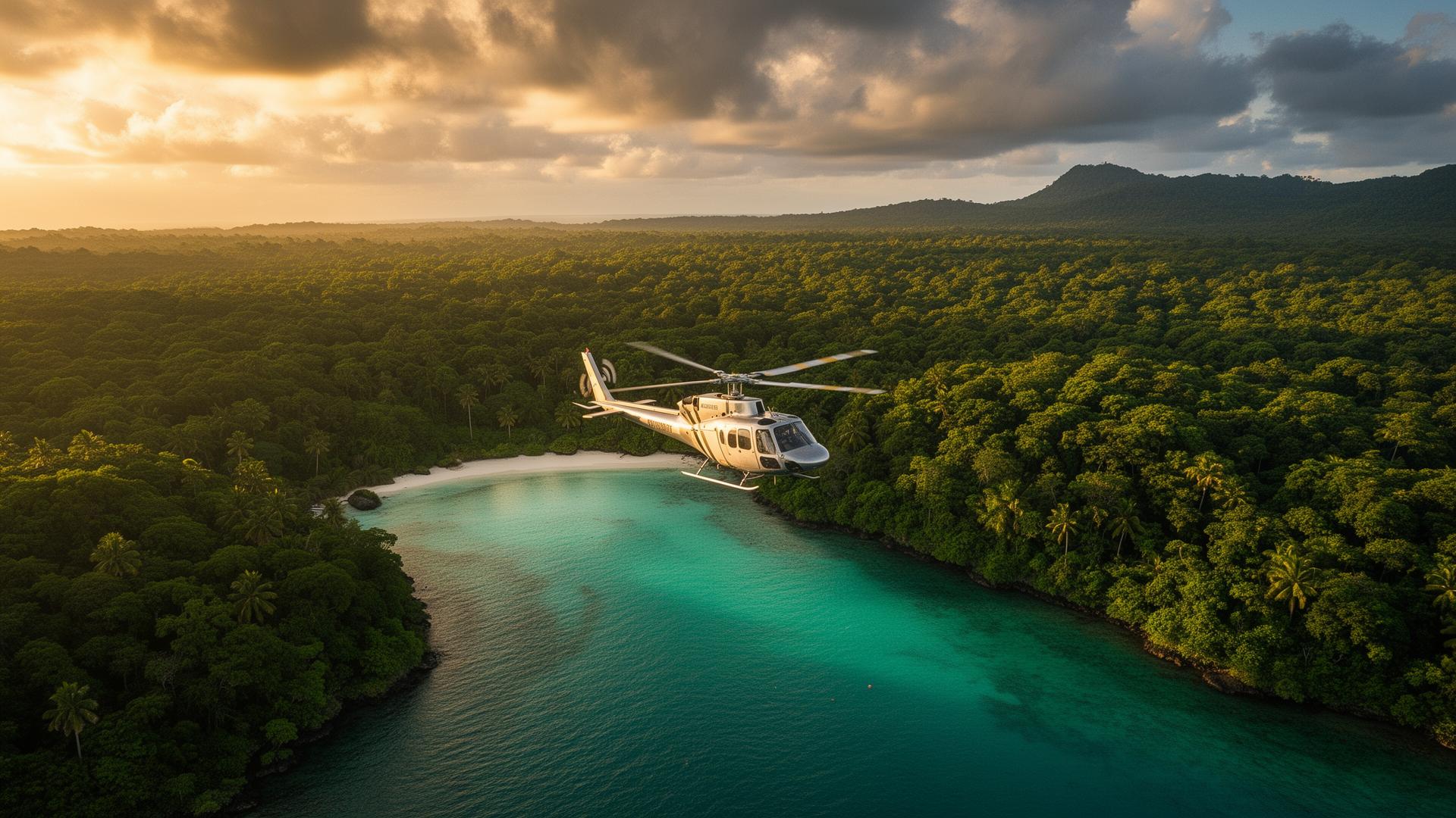 Private helicopter banking low over a turquoise cove meeting dense rainforest at golden hour — Llegaste heli-access ecotour